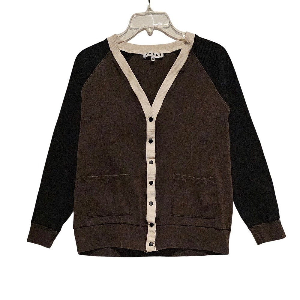 Parni Brown Black‎ Colorblock Raglan Sleeve Button Snap Cardigan Sweater XS